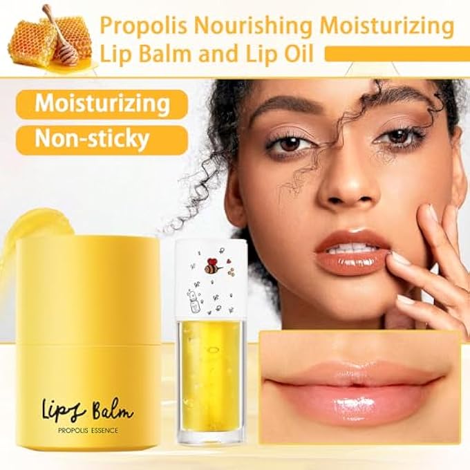 PPPanYiDi 2PCS HONEY LIP BALM AND LIP OIL SET, HYDRATING OVERNIGHT PROPOLIS LIP CARE SLEEPING MASK, MOISTURIZING LIP GLOW OIL LONG-LASTING PLUMPING BEE LIP BALM GLOSS STAIN GIFTS SET FOR WOMEN - Image 2